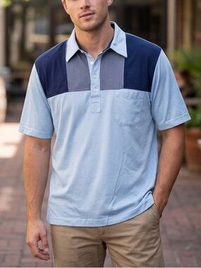 Vtg 80s Di Minzoni Colorblock Polo Shirt L Light Blue Navy Knit Rockabilly Mens